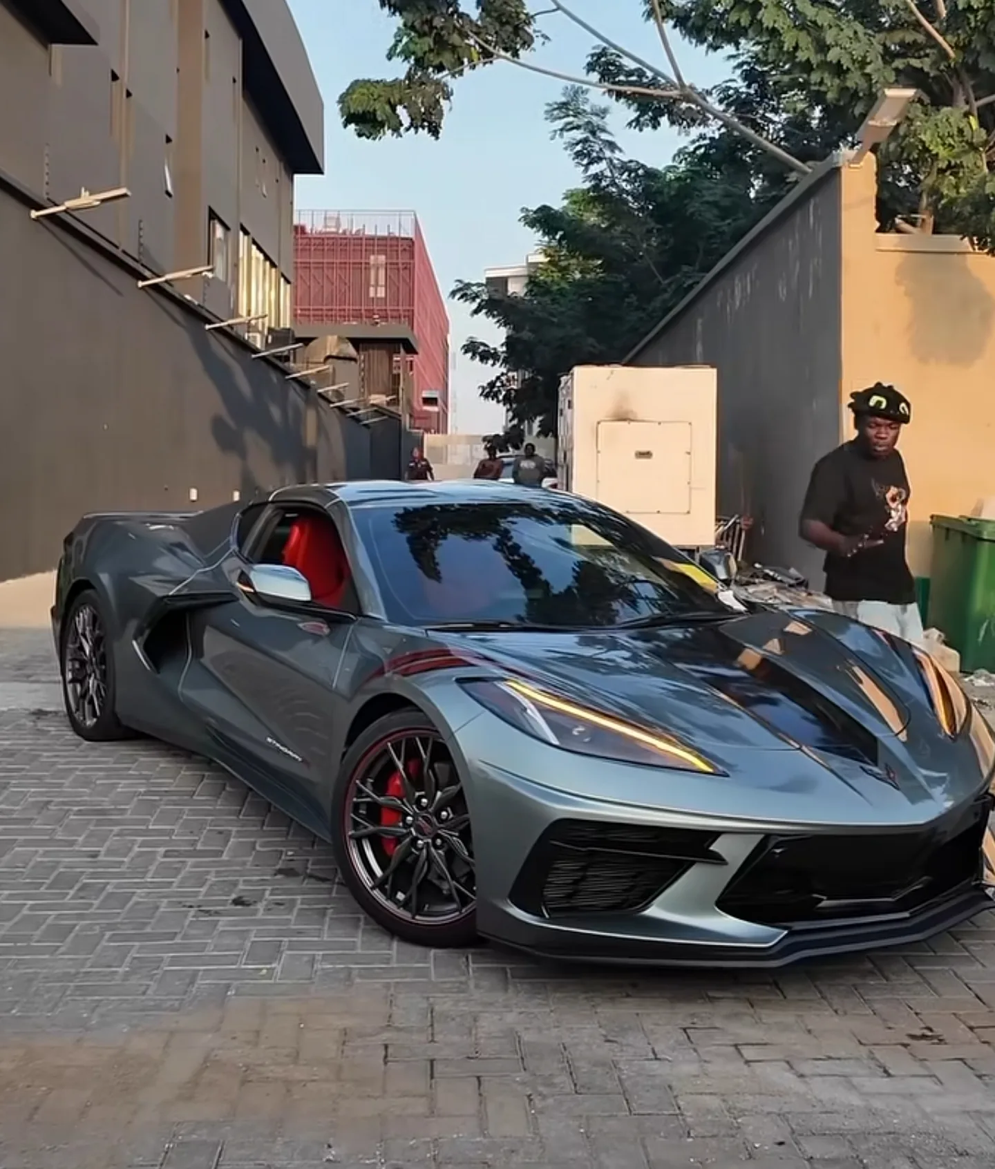 Chevrolet Corvette C8 Shark Grey PPF complete front quarter Lagos street red calipers